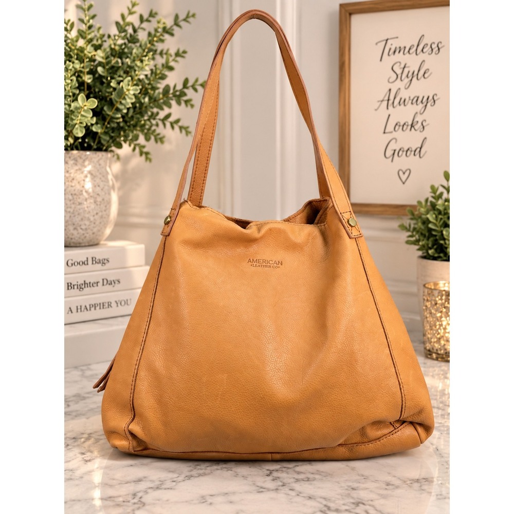 American Leather Co Tan Pebbled Leather Triple Entry Shoulder Bag Tote